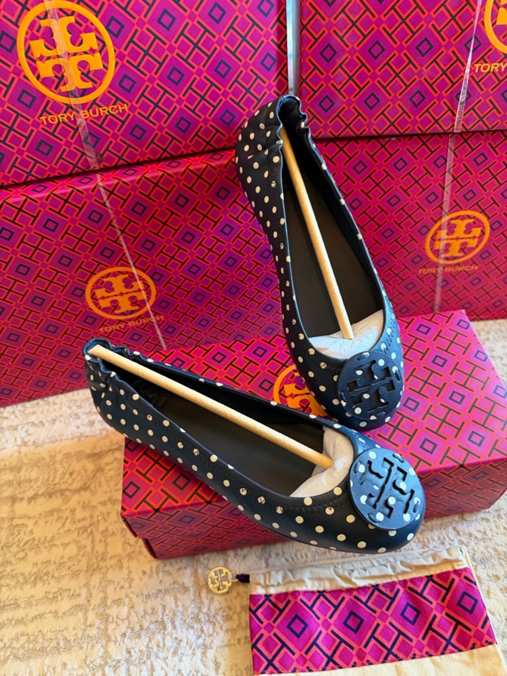 Tory Burch Navy and White Polka Dot Logo Ballet Flats
